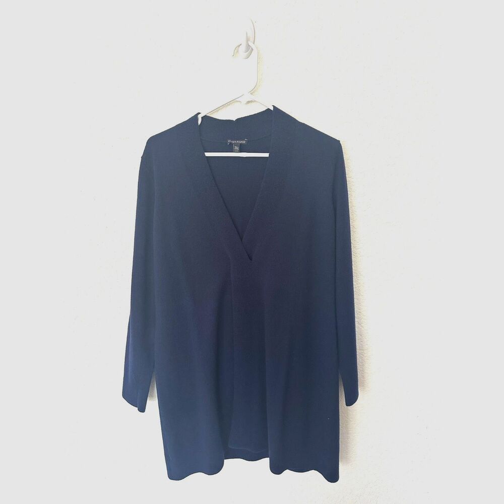 Eileen Fisher Navy Blue Criss Cross V Neck Wool Blend Long Sleeve Sweater Medium